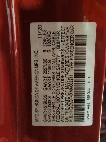 1HGCV3F4XMA003211 - 2021 HONDA ACCORD HYBRID EX RED photo 12