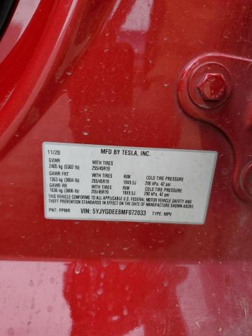 5YJYGDEE8MF072033 - 2021 TESLA MODEL Y Kırmızı fotoğraf 12