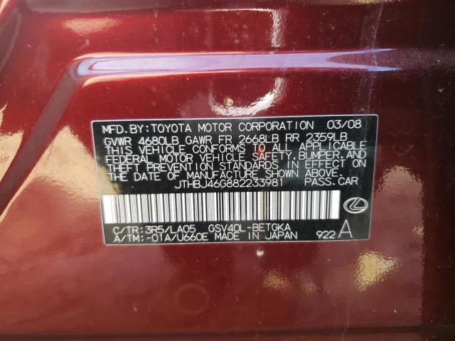 JTHBJ46G882233981 - 2008 LEXUS ES 350 BURGUNDY photo 12