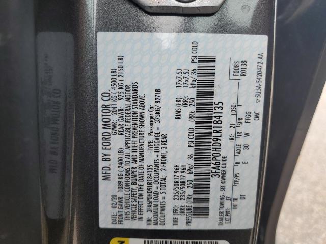 3FA6P0HD9LR184135 - 2020 FORD FUSION SE GRAY photo 12