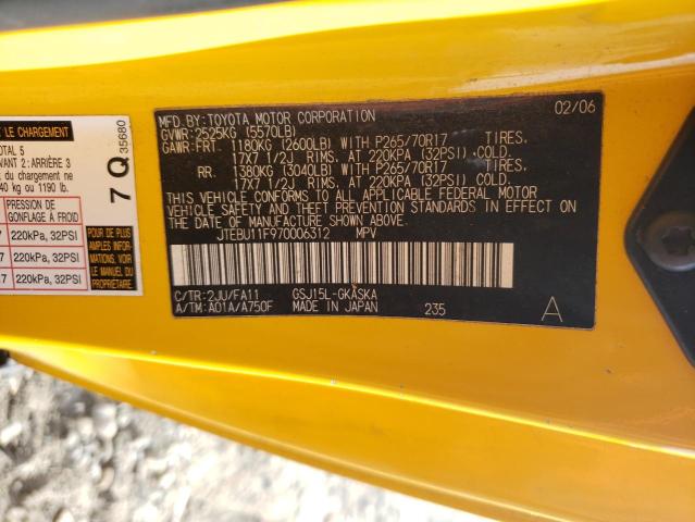 JTEBU11F970006312 - 2007 TOYOTA FJ CRUISER YELLOW photo 13