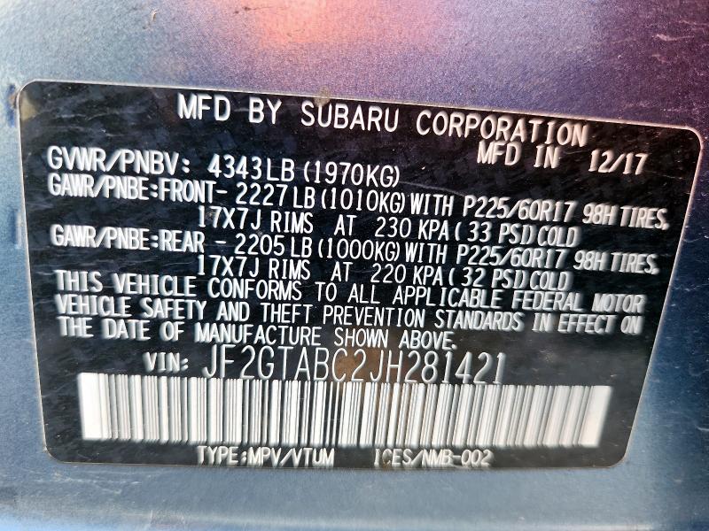 JF2GTABC2JH281421 - 2018 SUBARU CROSSTREK PREMIUM ლურჯი ფოტო 14