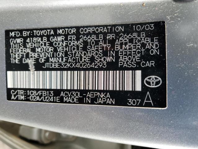 JTDBE32KX40264293 - 2004 TOYOTA CAMRY LE SILVER photo 13