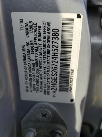 2HGES26724H527380 - 2004 HONDA CIVIC EX SILVER photo 12