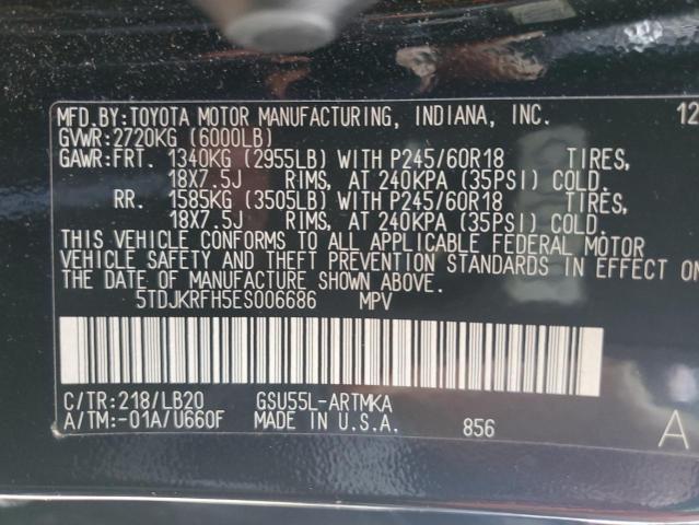 5TDJKRFH5ES006686 - 2014 TOYOTA HIGHLANDER XLE BLACK photo 13