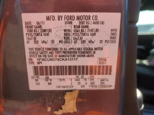 1FMCU9D75CKA13117 - 2012 FORD ESCAPE XLT GRAY photo 13