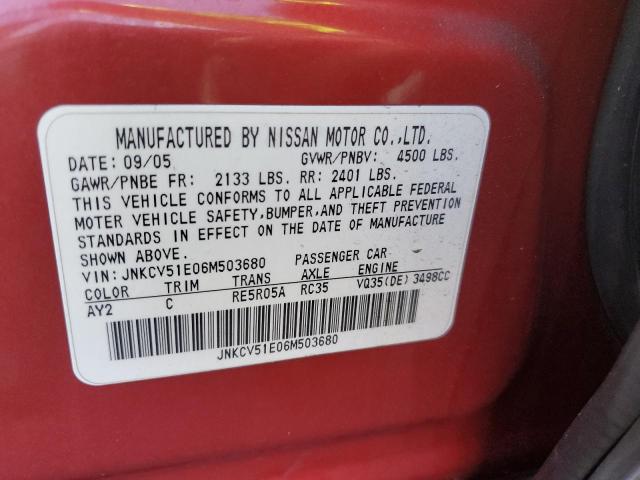 JNKCV51E06M503680 - 2006 INFINITI G35 RED photo 12