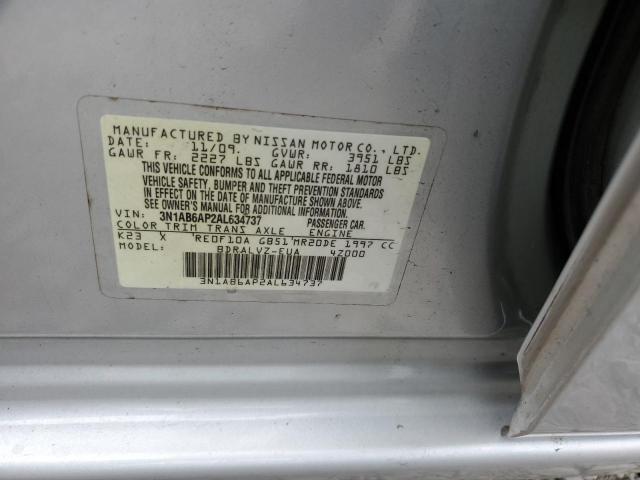 3N1AB6AP2AL634737 - 2010 NISSAN SENTRA 2.0 SILVER photo 12