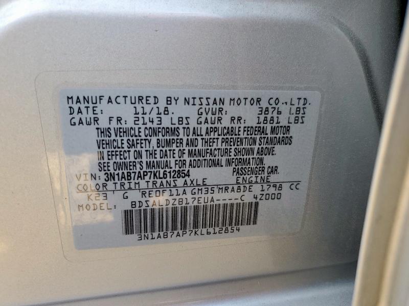 3N1AB7AP7KL612854 - 2019 NISSAN SENTRA S SILVER photo 12