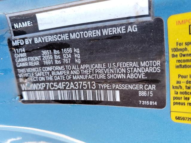 WMWXP7C54F2A37513 - 2015 MINI COOPER S BLUE photo 12