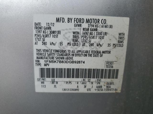 1FM5K7B83DGB92874 - 2013 FORD EXPLORER SILVER photo 14