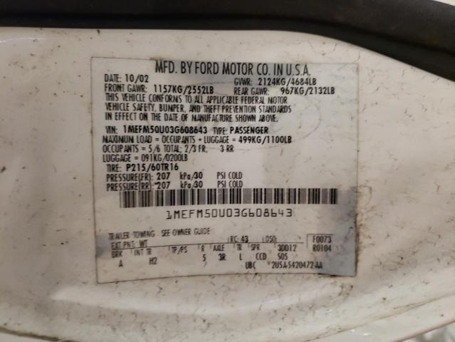 1MEFM50U03G608643 - 2003 MERCURY SABLE GS WHITE photo 12