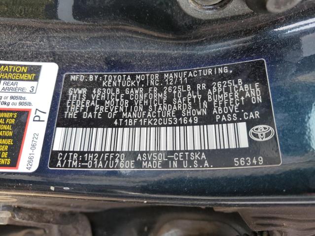 4T1BF1FK2CU531649 - 2012 TOYOTA CAMRY BASE BLACK photo 13