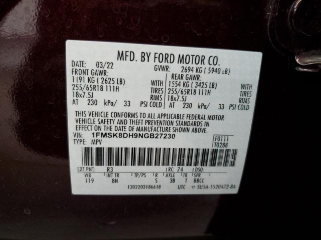 1FMSK8DH9NGB27230 - 2022 FORD EXPLORER XLT BURGUNDY photo 14