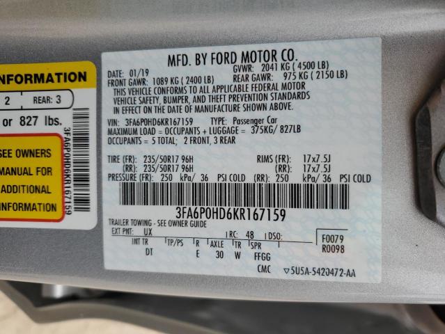 3FA6P0HD6KR167159 - 2019 FORD FUSION SE SILVER photo 12