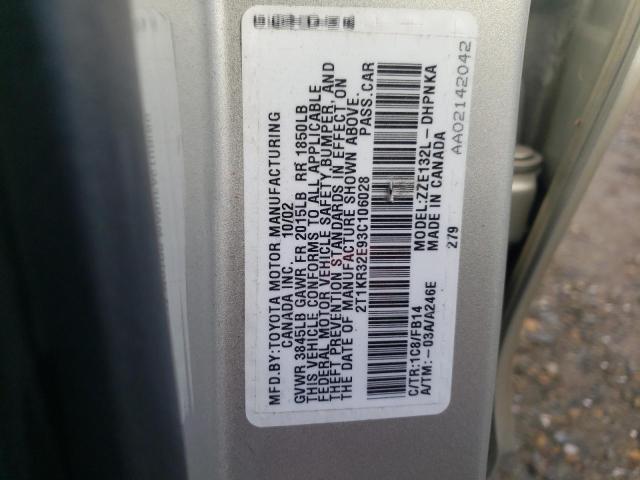 2T1KR32E93C106028 - 2003 TOYOTA COROLLA MA XR SILVER photo 13