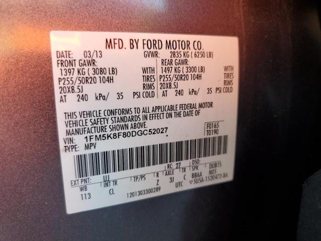 1FM5K8F80DGC52027 - 2013 FORD EXPLORER LIMITED Մոխրագույն լուսանկար 13