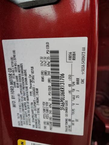 3FA6P0LU6KR131706 - 2019 FORD FUSION SE RED photo 12