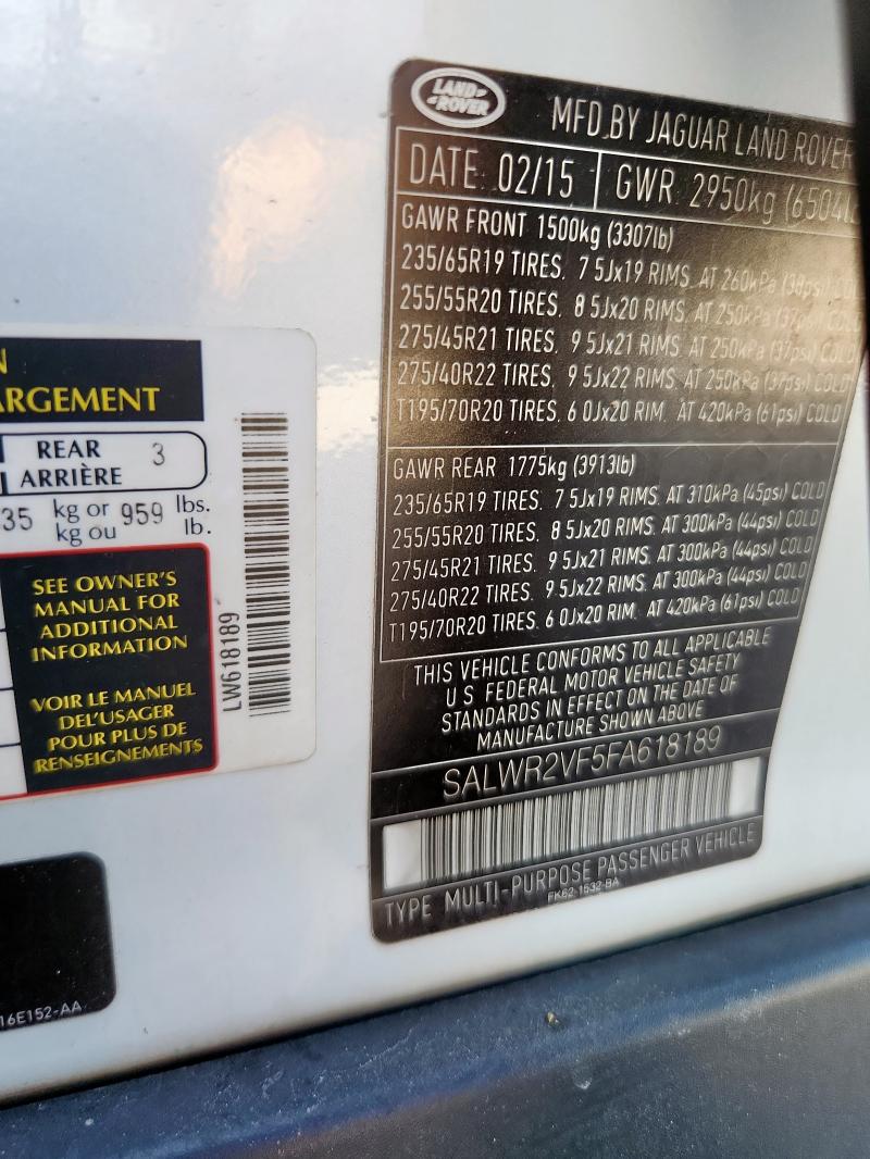 SALWR2VF5FA618189 - 2015 LAND ROVER RANGE ROVE HSE WHITE photo 12