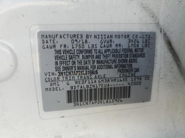 3N1CN7AP2KL815926 - 2019 NISSAN VERSA S WHITE photo 12