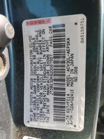 JTDBE32K620067957 - 2002 TOYOTA CAMRY LE GREEN photo 12