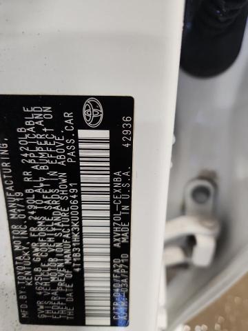 4T1B31HK3KU006491 - 2019 TOYOTA CAMRY LE 白色 照片 12