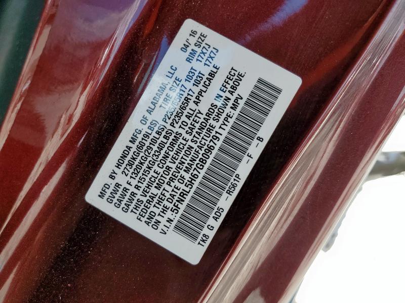 5FNRL5H67GB096791 - 2016 HONDA ODYSSEY EXL MAROON photo 14