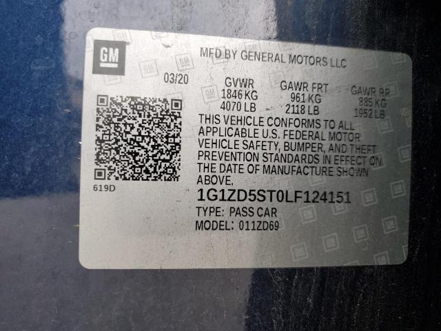 1G1ZD5ST0LF124151 - 2020 CHEVROLET MALIBU LT ლურჯი ფოტო 12