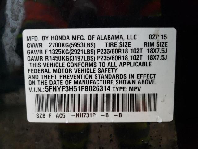 5FNYF3H51FB026314 - 2015 HONDA PILOT EXL BLACK photo 13