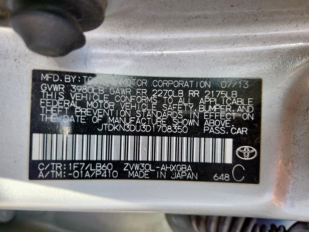 JTDKN3DU3D1708350 - 2013 TOYOTA PRIUS SILVER photo 12