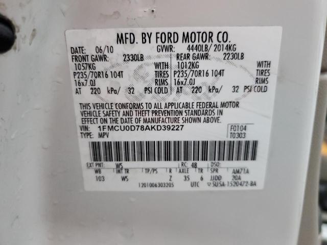 1FMCU0D78AKD39227 - 2010 FORD ESCAPE XLT WHITE photo 12