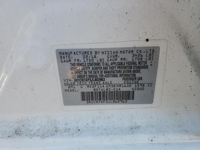 3N1CN7AP3JL862963 - 2018 NISSAN VERSA S WHITE photo 13