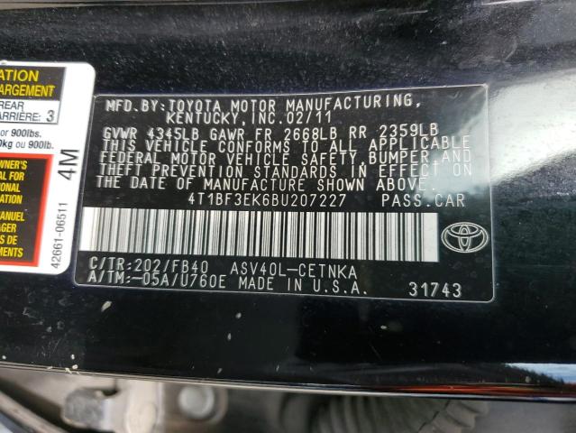 4T1BF3EK6BU207227 - 2011 TOYOTA CAMRY BASE BLACK photo 13