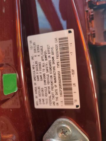 1HGCP26859A090451 - 2009 HONDA ACCORD EXL 红色 照片 12