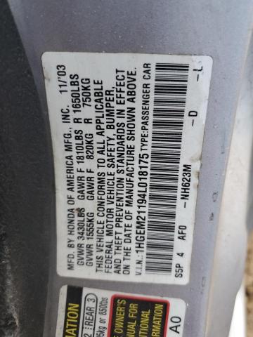 1HGEM21194L018175 - 2004 HONDA CIVIC DX VP SILVER photo 12