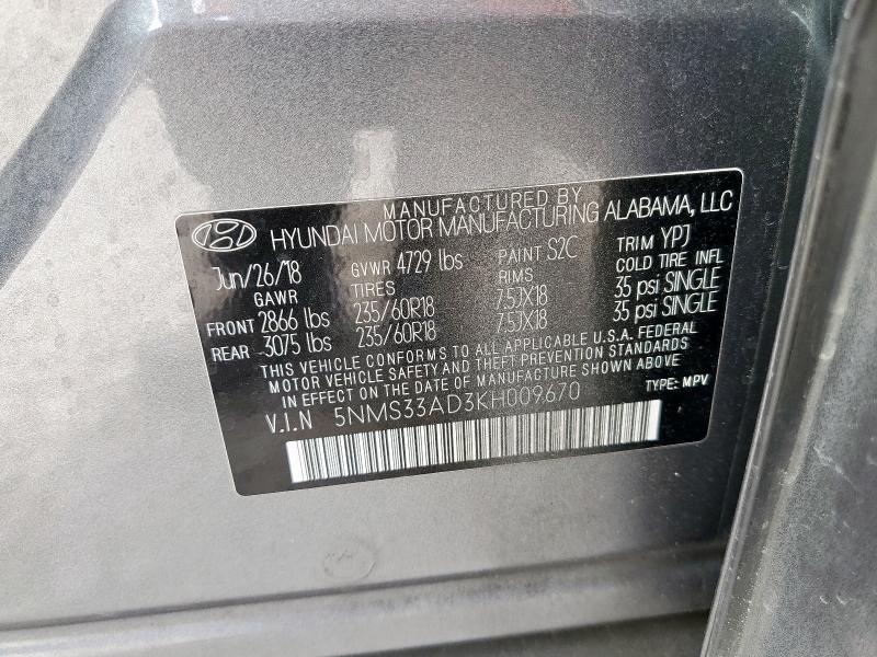 5NMS33AD3KH009670 - 2019 HYUNDAI SANTA FE SEL Gri fotoğraf 13