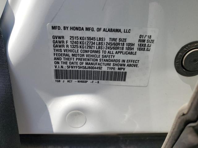 5FNYF5H58JB004492 - 2018 HONDA PILOT EXL WHITE photo 13