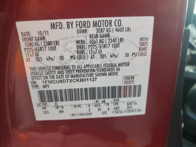 1FMCU9D7XCKB01127 - 2012 FORD ESCAPE XLT წითელი ფოტო 13