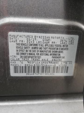 3N1AB7AP4KY301501 - 2019 NISSAN SENTRA S GRAY photo 13