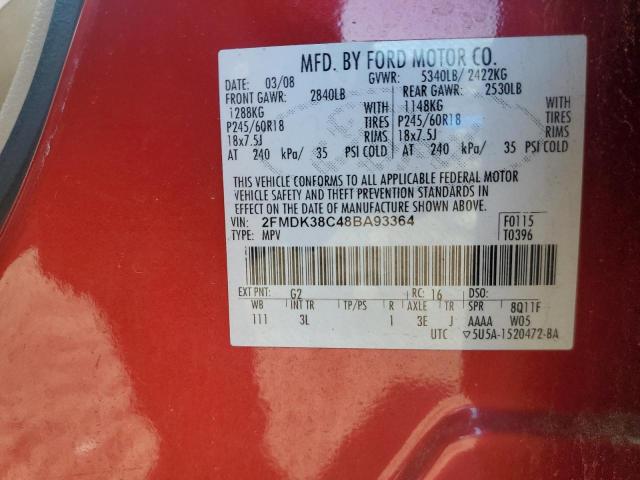 2FMDK38C48BA93364 - 2008 FORD EDGE SEL RED photo 12