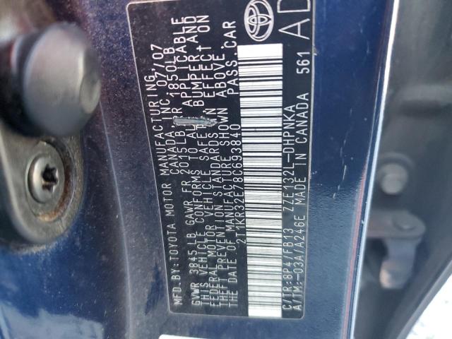 2T1KR32E78C693840 - 2008 TOYOTA COROLLA MA XR BLUE photo 12