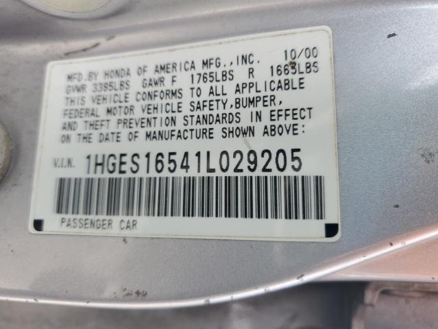 1HGES16541L029205 - 2001 HONDA CIVIC LX SILVER photo 12