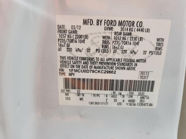 1FMCU0D79CKC29662 - 2012 FORD ESCAPE XLT 白色 照片 12