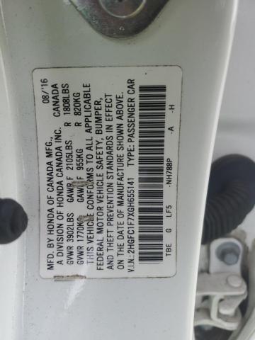 2HGFC1F7XGH655141 - 2016 HONDA CIVIC EXL WHITE photo 12