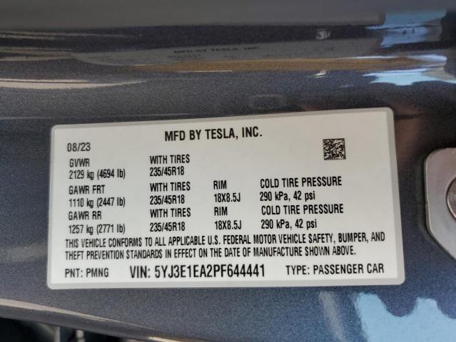 5YJ3E1EA2PF644441 - 2023 TESLA MODEL 3 Szary zdjęcie 13