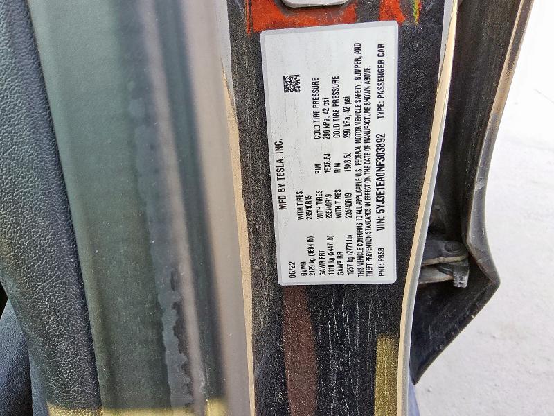 5YJ3E1EA0NF303892 - 2022 TESLA MODEL 3 أسود صورة 12