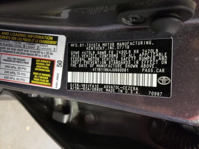 4T1B11HK4JU660081 - 2018 TOYOTA CAMRY L GRAY photo 13