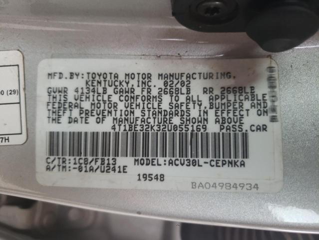 4T1BE32K32U055169 - 2002 TOYOTA CAMRY LE SILVER photo 12