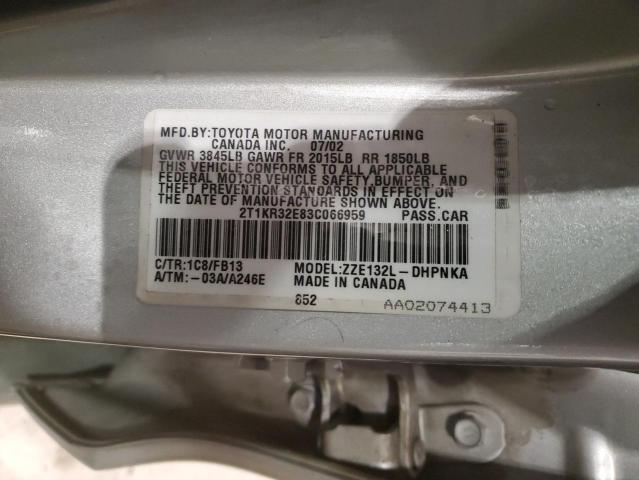2T1KR32E83C066959 - 2003 TOYOTA COROLLA MA XR SILVER photo 12