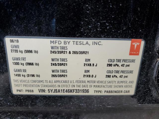 5YJSA1E46KF331936 - 2019 TESLA MODEL S BLACK photo 12